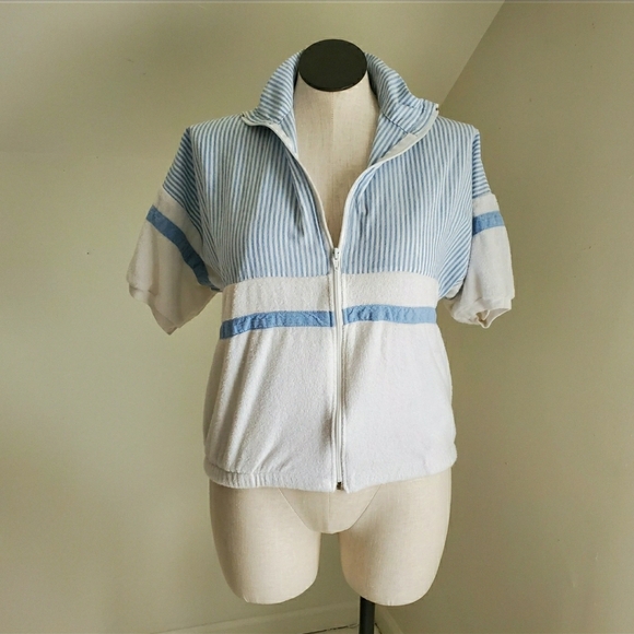 80s 90s Vintage Beachy Colorblock Terrycloth Short Sleeve Jacket - Picture 4 of 8